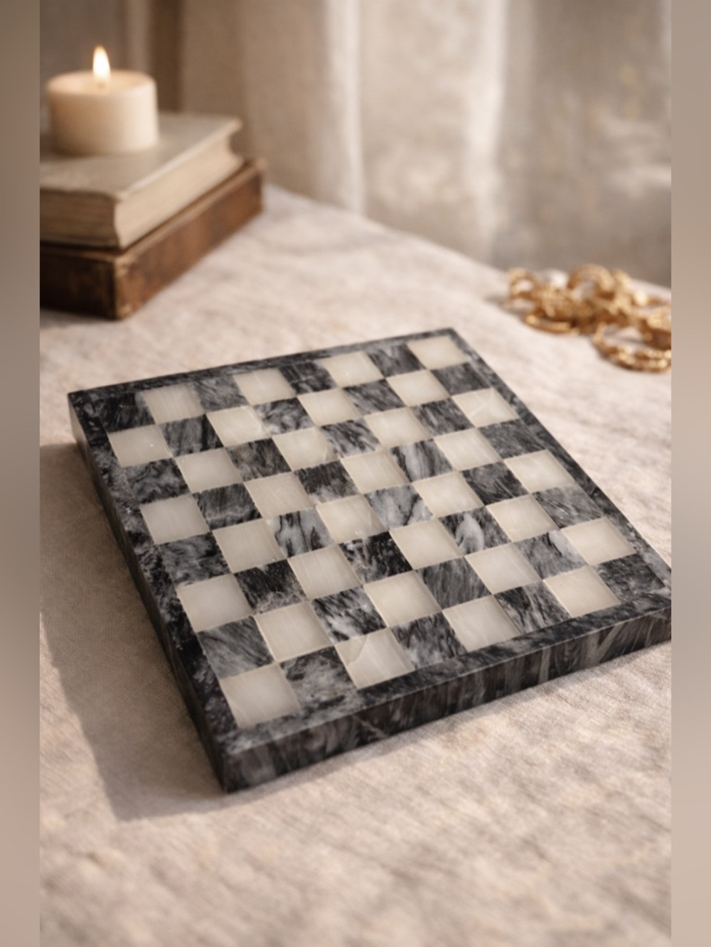 Vintage Marble & Onyx Inlaid Checkerboard Tray 7.5” • Luxe Stone Decor • Collect
